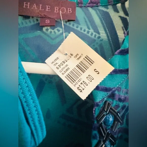 Hale Bob Vibrant Printed Long Sleeve Aqua Turquoise & Purple Burn Out Blouse Top - Picture 5 of 6